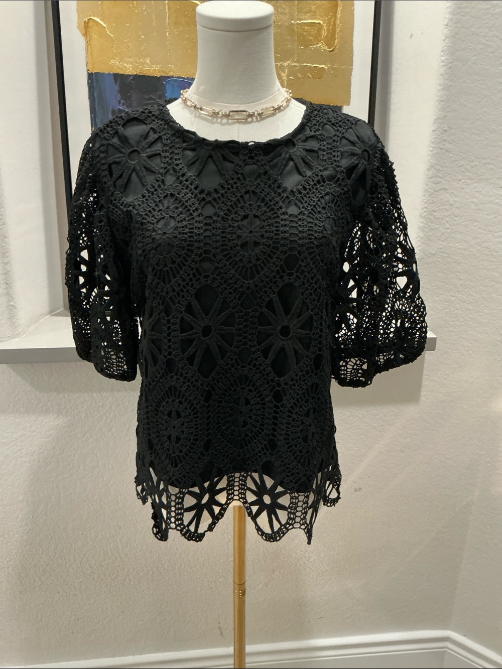 Ultra Flirt Black Crochet Lace Short Sleeve Blouse